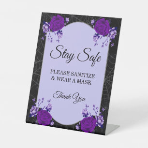 Purple Rose Floral Spiderweb Fall Wedding Safety Pedestal Sign