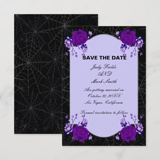 Purple Rose Floral Spiderweb Wedding Save The Date Announcement (Front/Back)