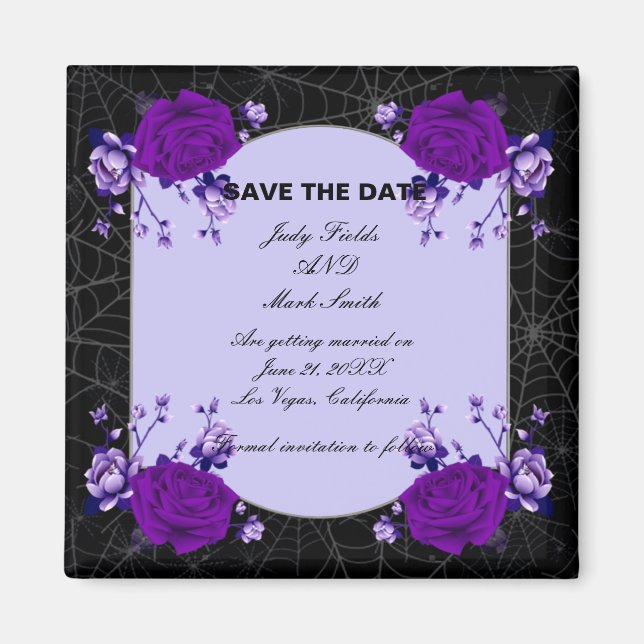 Purple Rose Floral Spiderweb Wedding Save The Date Magnet (Front)