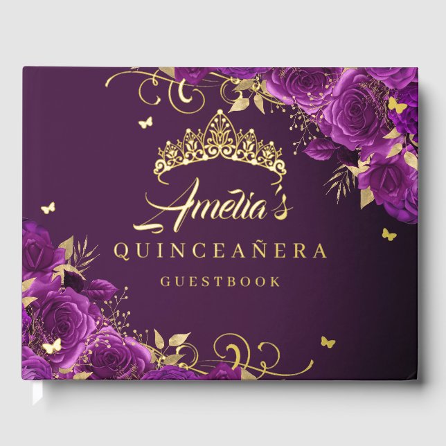 Purple Rose Floral Swirl Quinceanera Gold   Guest Book (Front)