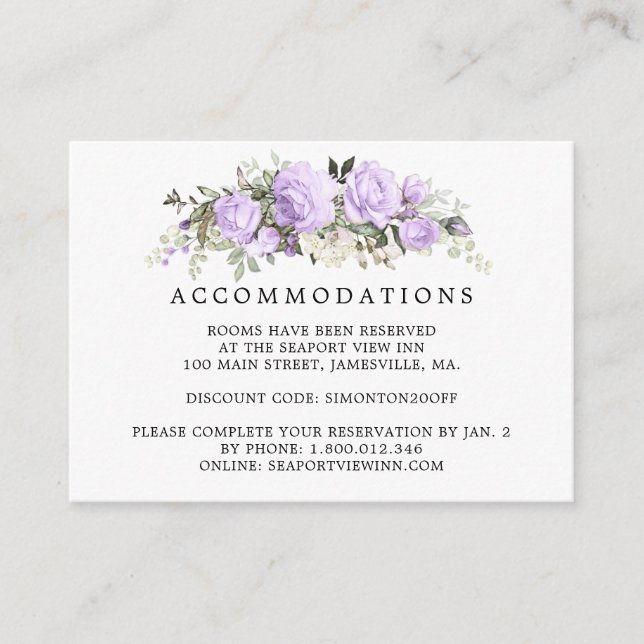 Purple Rose Floral Wedding Accommodation Enclosure Card (Front)