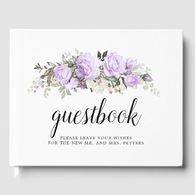Purple Rose Floral Wedding Guest Book (Front)