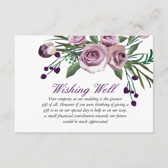 Purple Rose Floral Wedding Wish Well Enclosure Card (Front)