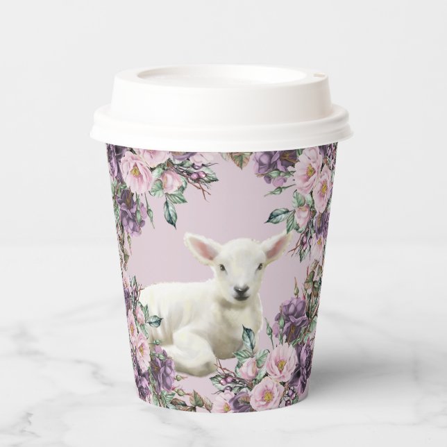 Purple Rose Floral with Lamb  Paper Cups (Front)