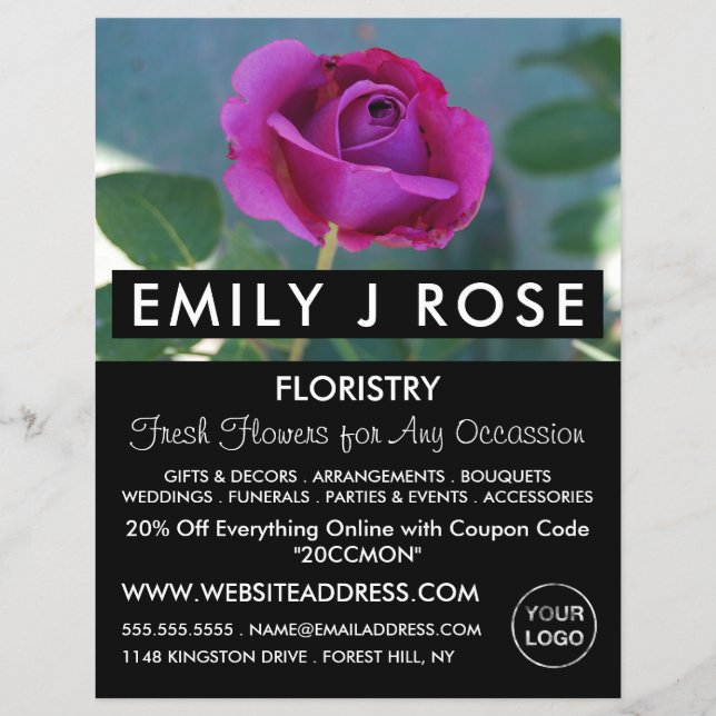 Purple Rose, Florist, Floristry Advertising Flyer (Front)