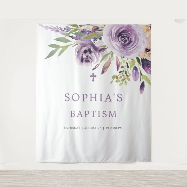 Purple Rose Flowers Baptism Tapestry (Front)