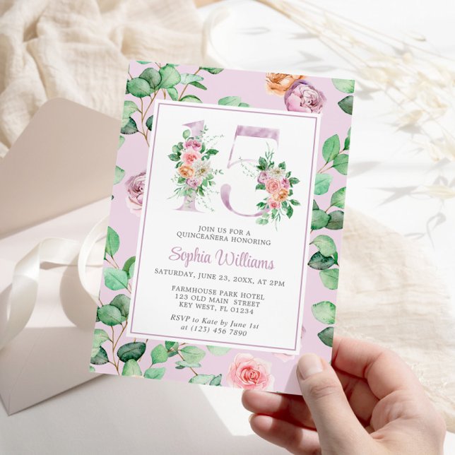 Purple Rose Flowers Number 15 Floral Quinceañera  Invitation (Creator Uploaded)
