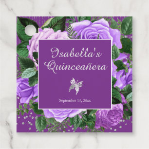 Purple Rose Flowers Silver Butterfly Quinceañera Favour Tags