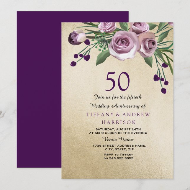 Purple Rose Gold 50th Wedding Anniversary Invite (Front/Back)
