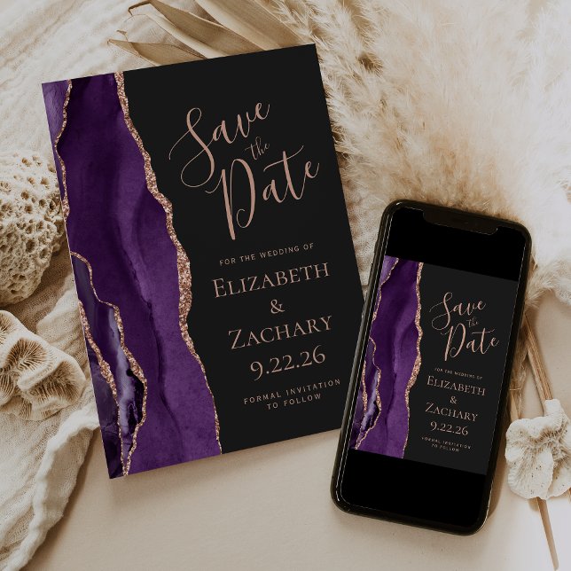 Purple Rose Gold Agate Dark Save the Date (Creator Uploaded)