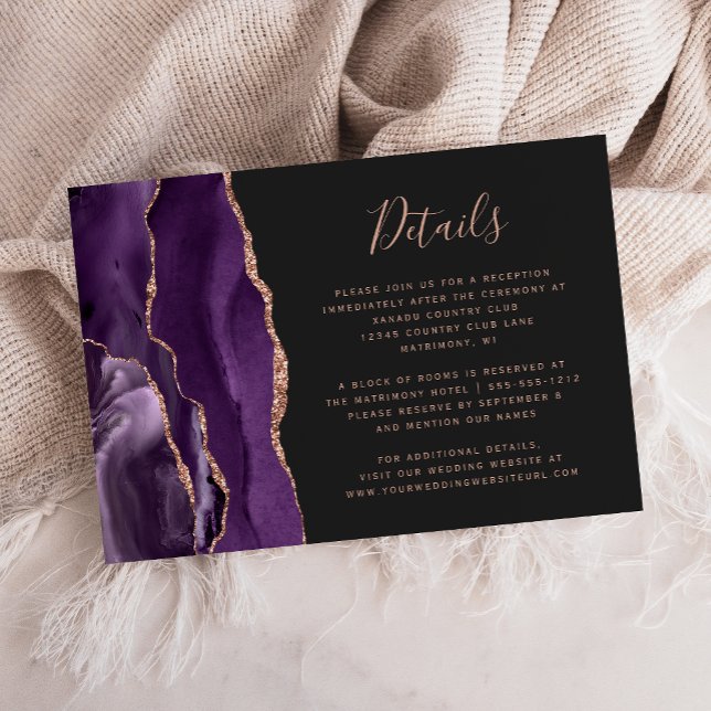 Purple Rose Gold Agate Dark Wedding Details Enclosure Card (Creator Uploaded)