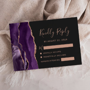 Purple Rose Gold Agate Dark Wedding RSVP Card