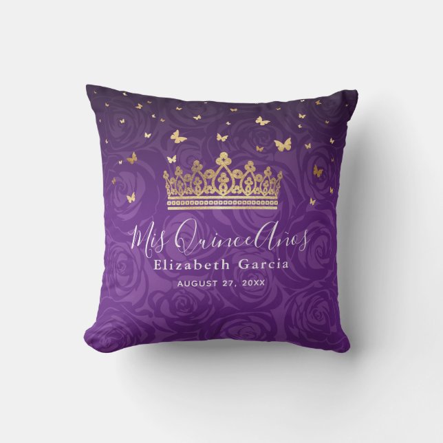 Purple Rose Gold Crown Quinceanera Mis Quince Anos Cushion (Front)