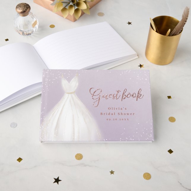 Purple Rose Gold Elegant Dress Bridal Shower Guest Book (Front Open)