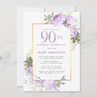 Purple Rose Gold Floral 90th Birthday Party Invitation