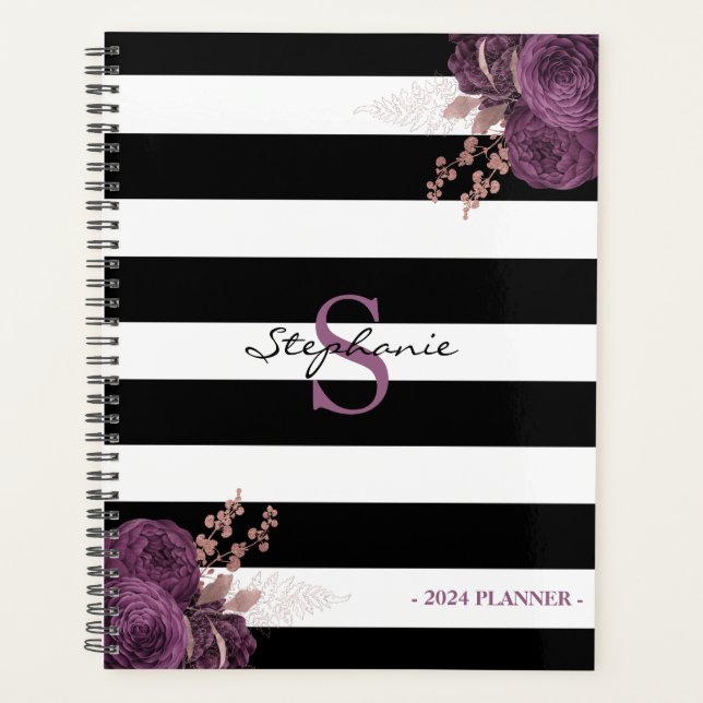 Purple Rose Gold Floral Monogram Black White 2024 Planner (Front)