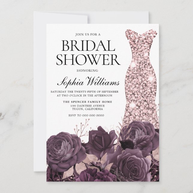 Purple & Rose Gold Flowers & Gown Bridal Shower Invitation (Front)