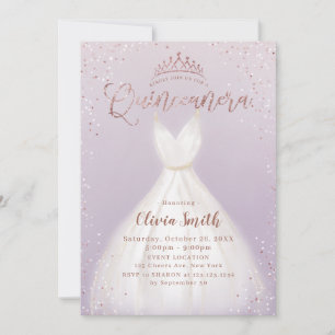 Purple rose gold glitter dress quinceañera invitation