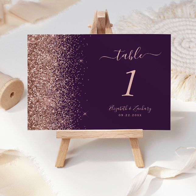 Purple Rose Gold Glitter Edge Wedding Table Number (Creator Uploaded)