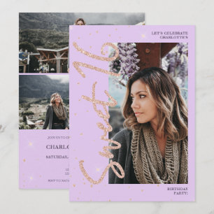 Purple rose gold glitter script 4 photos Sweet 16 Invitation