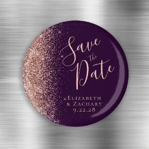 Purple Rose Gold Glitter Script Save the Date Magnet