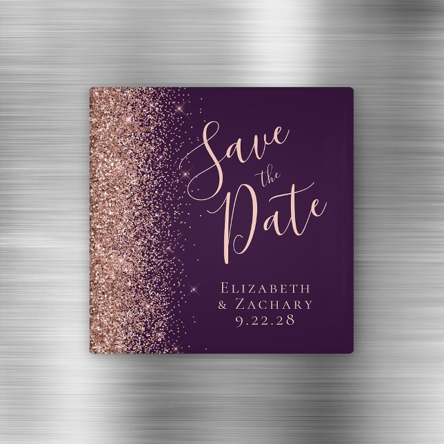 Purple Rose Gold Glitter Script Save the Date Magnet (Creator Uploaded)
