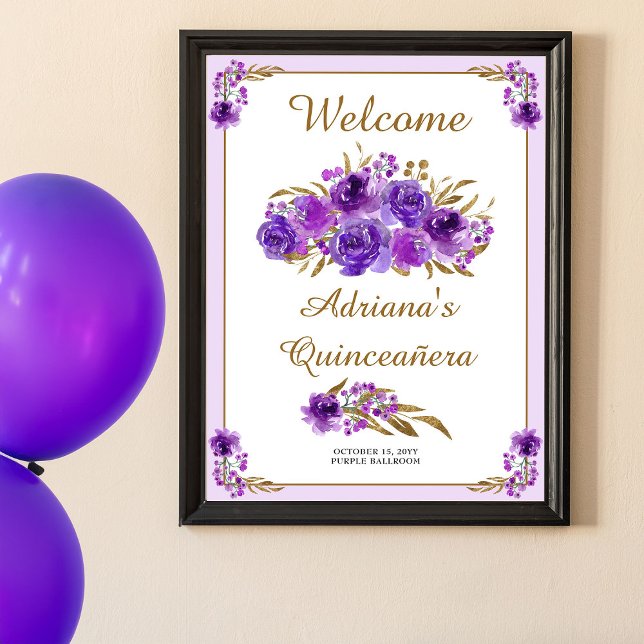 Purple Rose Gold Leaf Quinceanera Welcome Poster (Purple floral welcome poster  (print or printable) from my Rose and Gold Leaf quinceanera collection)
