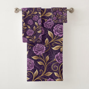 Purple Rose & Gold Luxurious Floral Personalised Bath Towel Set