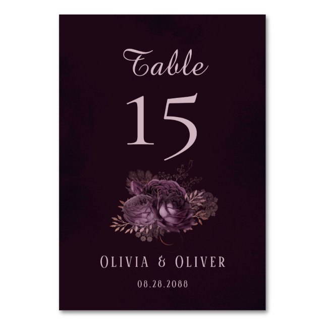 Purple & Rose Gold Peony Floral Table Number Card (Front)