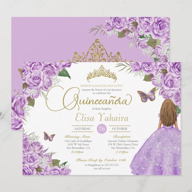 Purple Rose Gold Tiara Butterflies Quinceanera Invitation (Front/Back)