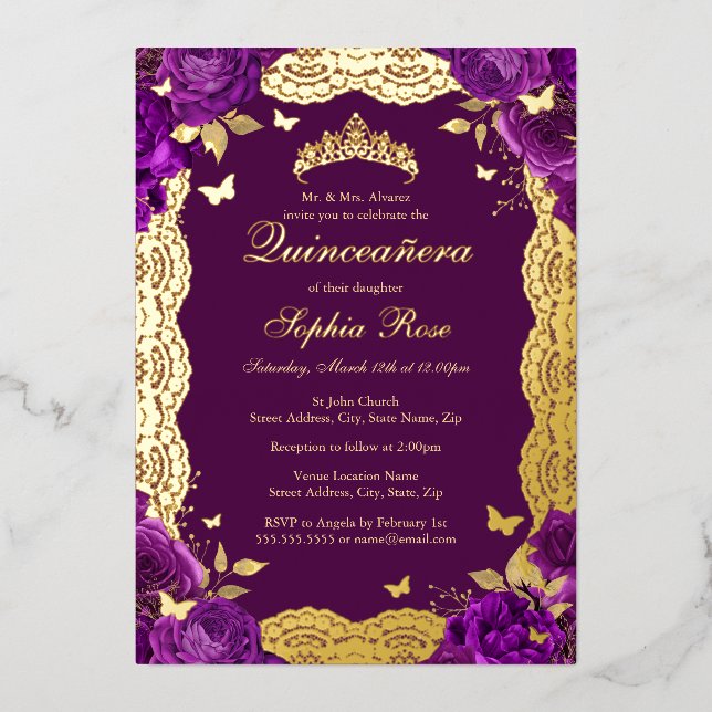 Purple Rose Lace Butterfly Quinceanera Birthday  (Front)