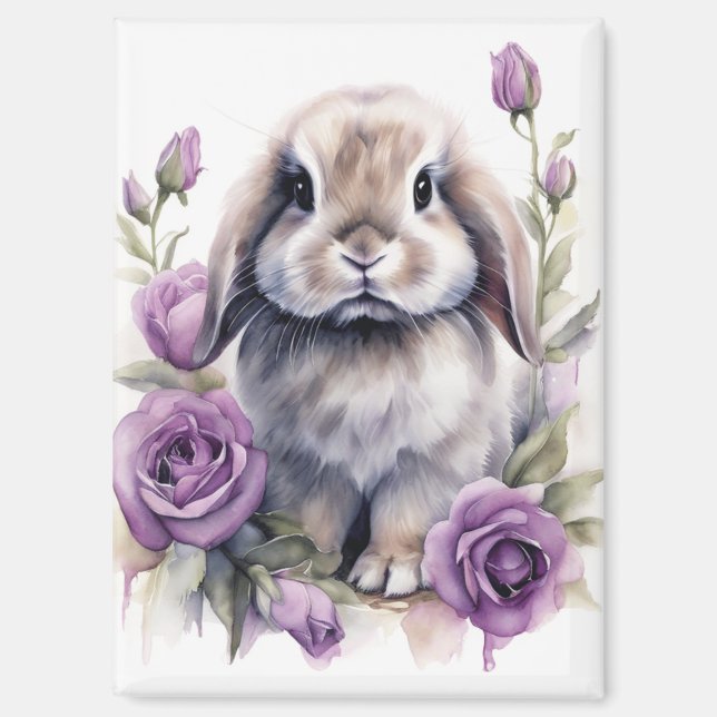 Purple Rose Lop Eared Bunny Rabbit Magnet (Front)