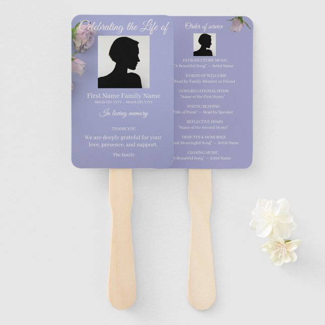 Purple rose order of service hand fan (Front and Back)