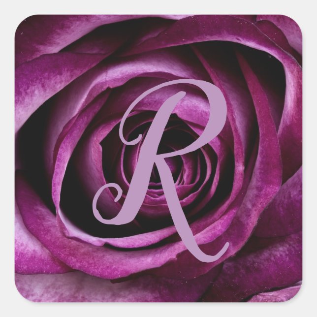 Purple Rose Petals Flower Floral Monogram Initial Square Sticker (Front)