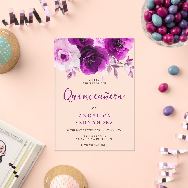 Purple Rose Quinceanera Party Acrylic Invitations (Insitu (Celebration))