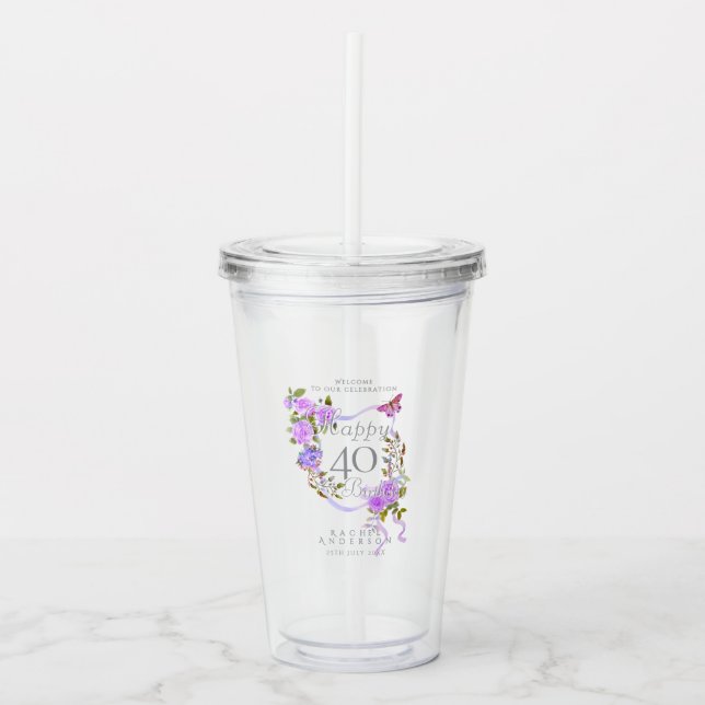 Purple Rose Ribbon 40th Birthday Acrylic Tumbler (Front)