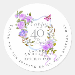 Purple Rose Ribbon 40th Birthday Classic Round Sticker