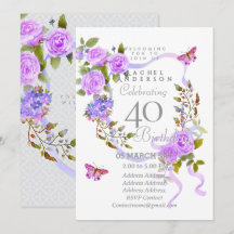 Purple Rose Ribbon 40th  Birthday Invitation