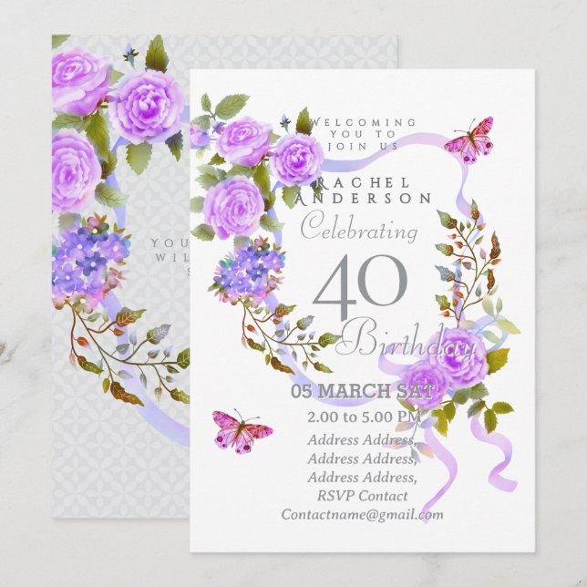 Purple Rose Ribbon 40th  Birthday Invitation (Front/Back)
