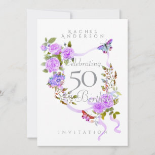 Purple Rose Ribbon 50th Birthday Invitation