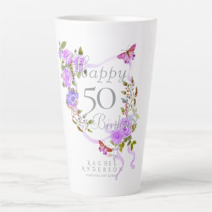 Purple Rose Ribbon 50th Birthday Latte Mug