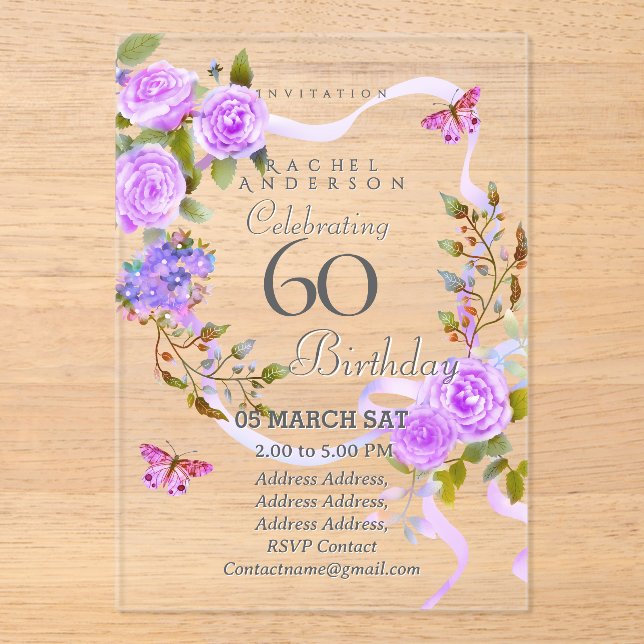 Purple Rose Ribbon 60th Birthday Invitation (Front)