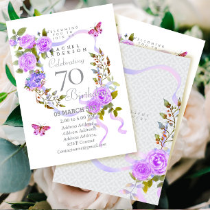 Purple Rose Ribbon 70th  Birthday Invitation
