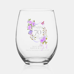Purple Rose Ribbon 70th Birthday Stemless Wine Glass