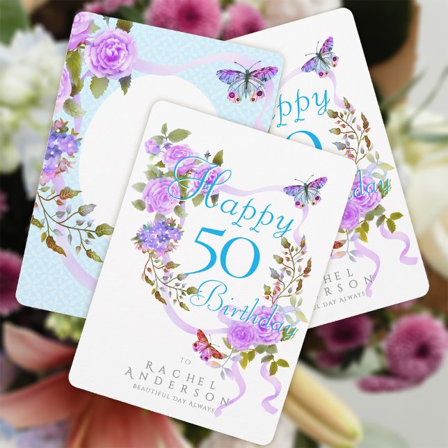 Purple Rose Ribbon Birthday Holiday Card (Chic Romantic Purple Rose Ribbon Happy Birthday Card.)