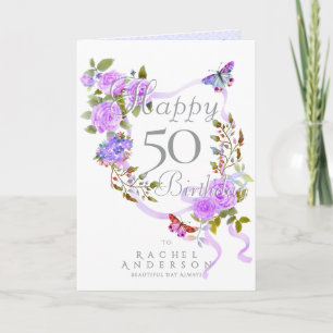 Purple Rose Ribbon Birthday Holiday Card