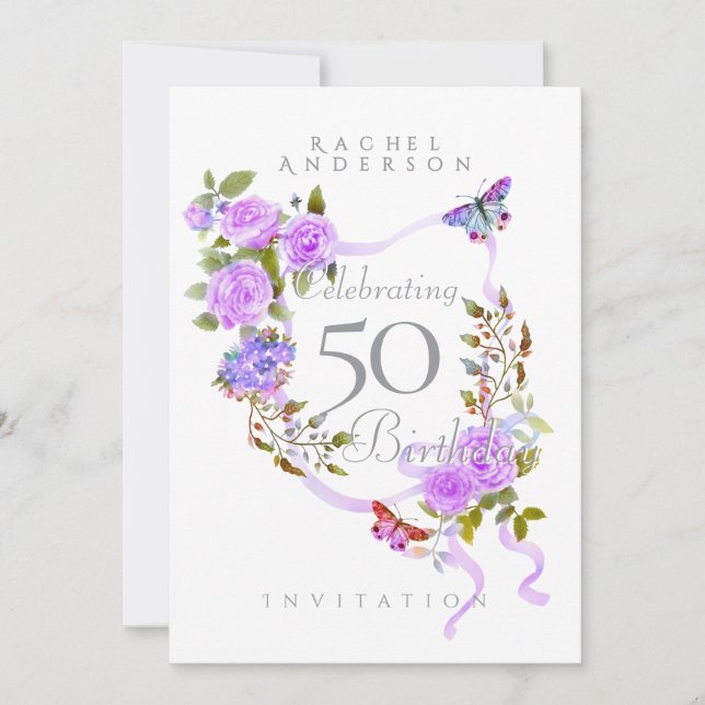 Purple Rose Ribbon Birthday Invitation (Front)