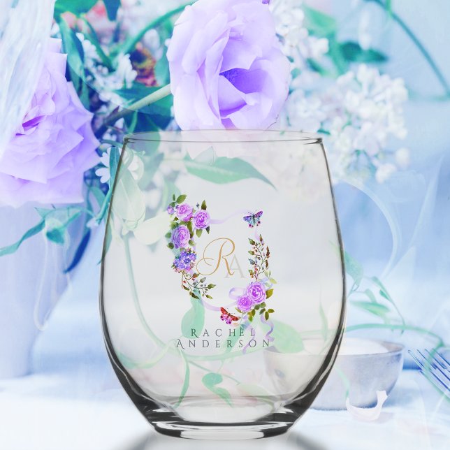 Purple Rose Ribbon Chic Monogram  Stemless Wine Glass (Romantic Purple Rose Ribbon Monogram Wine Glass.)