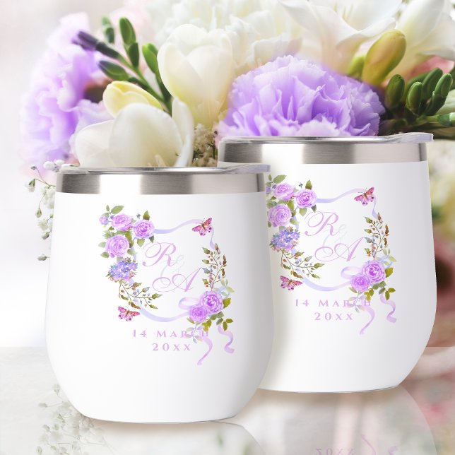 Purple  Rose Ribbon Monogram  (Purple Rose Ribbon Monogram Thermal Wine Tumbler)