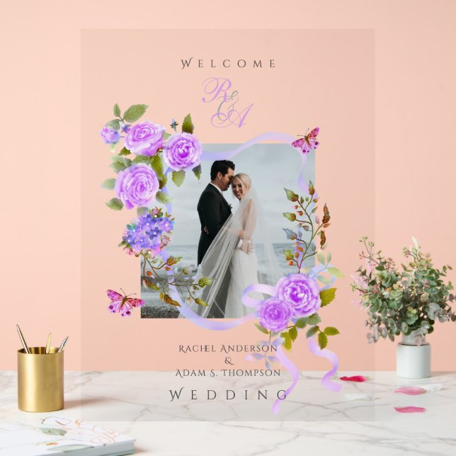 Purple Rose Ribbon Monogram Photo Wedding  Acrylic Sign (Wedding)